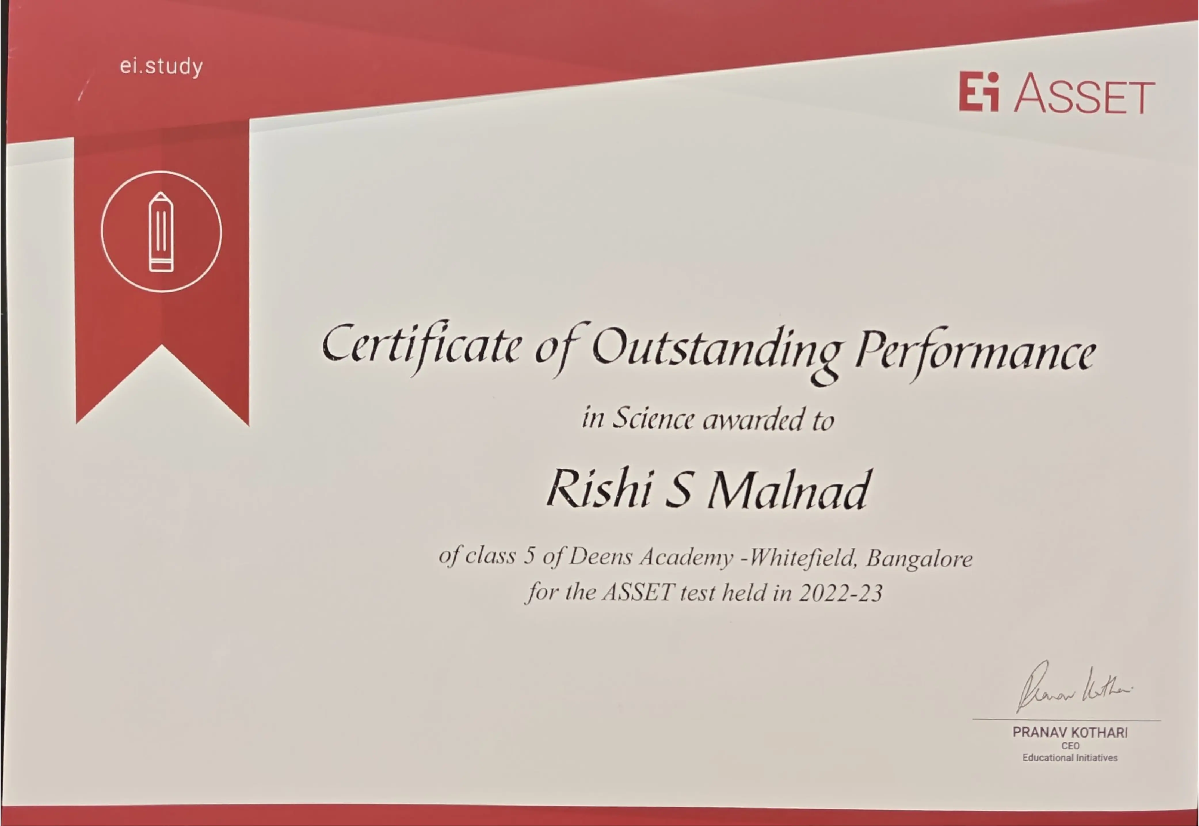 Ei Asset Certificate of Outstanding Performance in Science (Grade 5 - 2022/23)